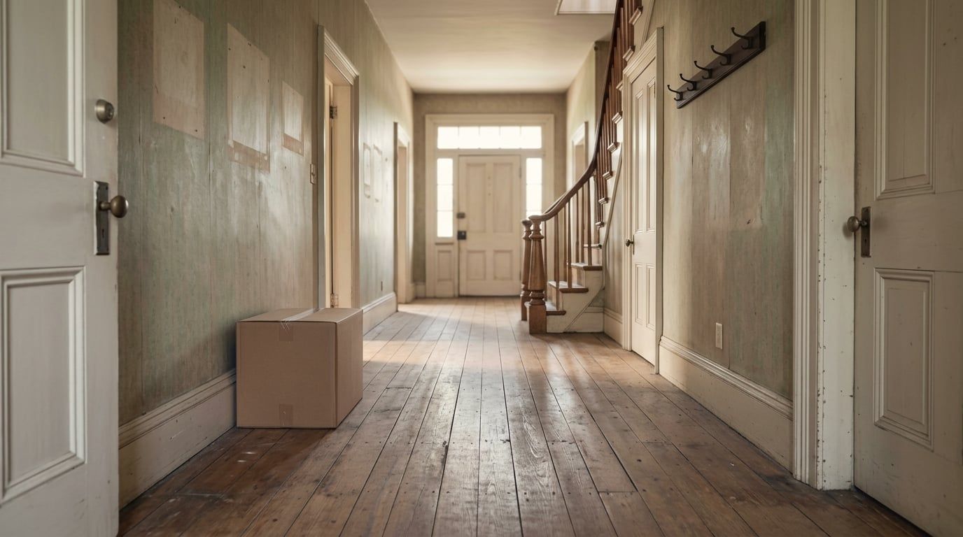 The hallway of an older home, cleared and quiet, with a single packed box and empty coat hooks
